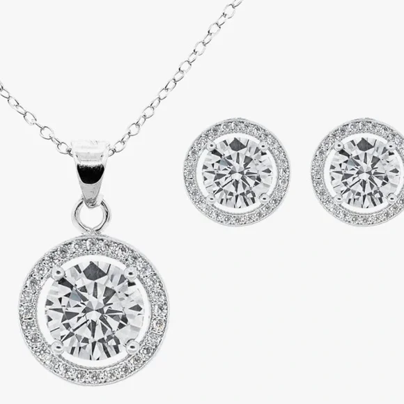 Cate & Chloe 18k White Gold Plated Halo Pendant Necklace & Crystal Stud Earrings - Picture 10 of 10